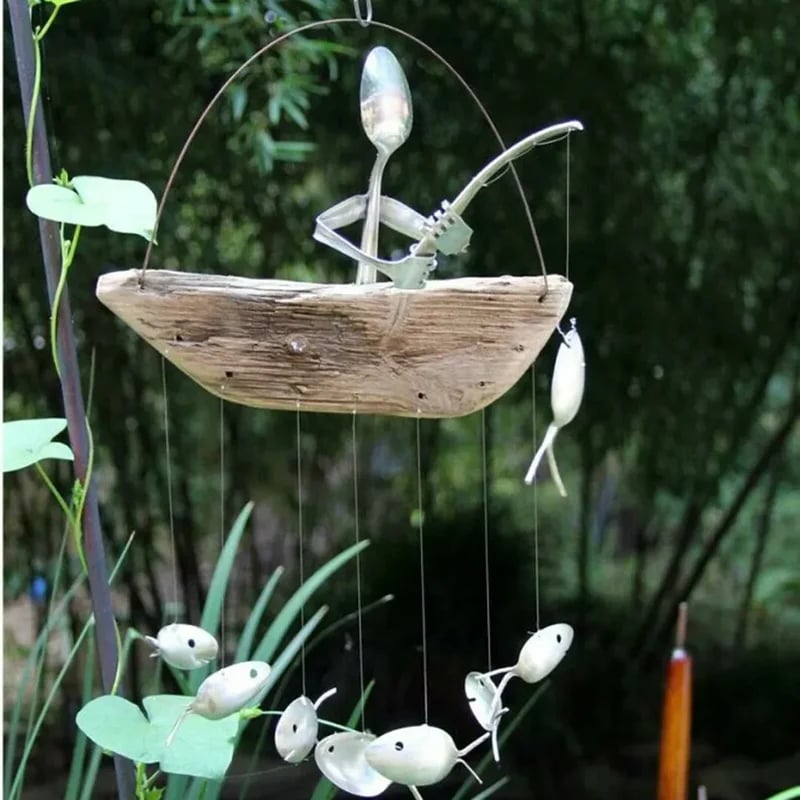 Handmade Fishing Man Spoon Wind Chime